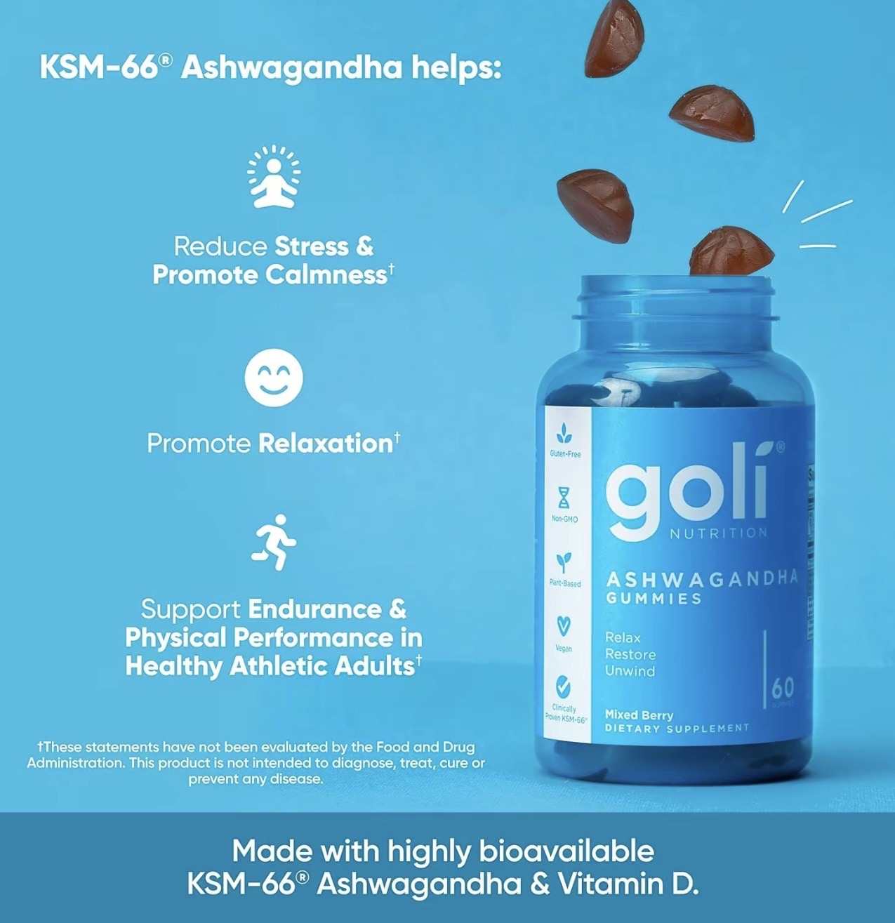 3 Bottles of Goli Best Seller Bundle: Ashwagandha KSM-66, Apple Cider Vinegar, Matcha Mind supplement with Cognizin, Vitamins D2 and B12