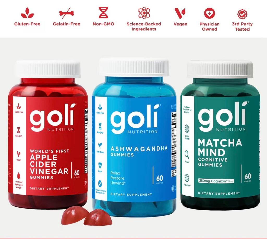 3 Bottles of Goli Best Seller Bundle: Ashwagandha KSM-66, Apple Cider Vinegar, Matcha Mind supplement with Cognizin, Vitamins D2 and B12