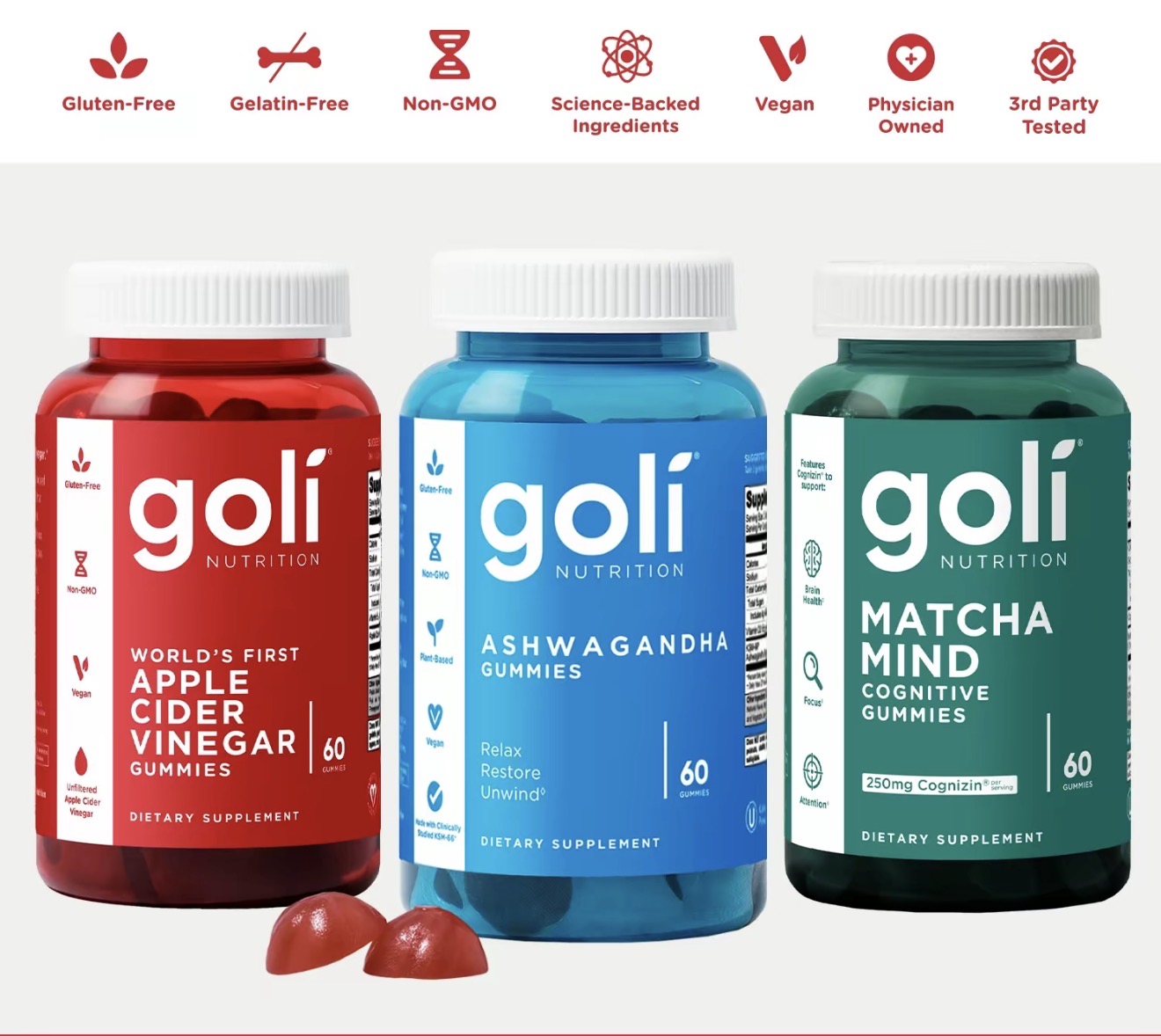 3 Bottles of Goli Best Seller Bundle: Ashwagandha KSM-66, Apple Cider Vinegar, Matcha Mind supplement with Cognizin, Vitamins D2 and B12